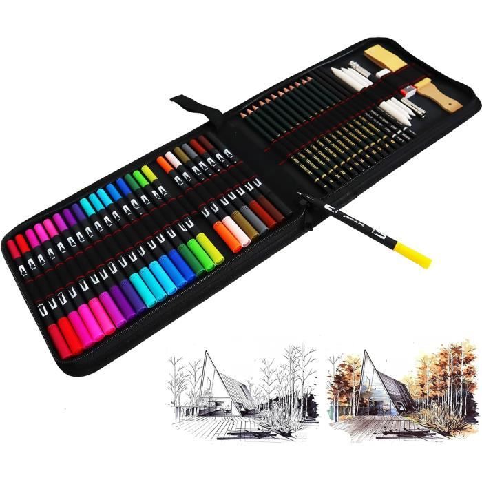 Set D'Art 70 Pièces - 24 Stylos Pinceaux Aquarelle + 24 Crayons De Couleur + Accessoires - Pour Dessin, Coloriage