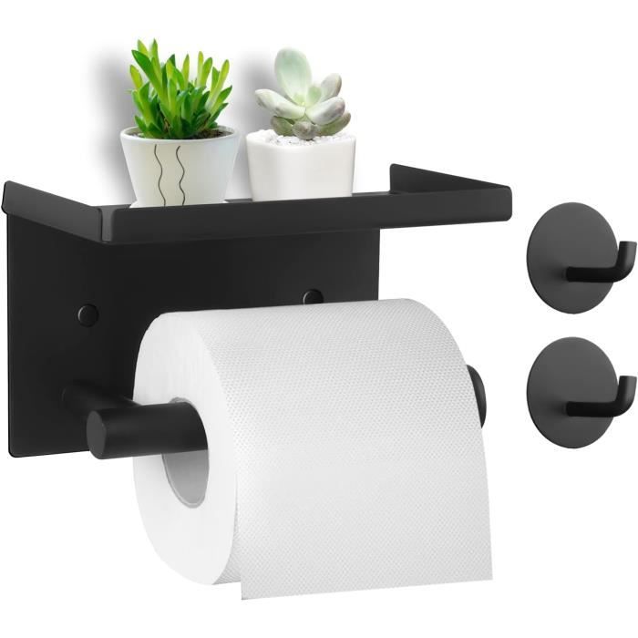 Porte Papier Toilette Sans Percage Avec Étagère | Support Mural Avec 2 Crochets | Pour Salle De Bain, WC, Cuisine | Noir - 2