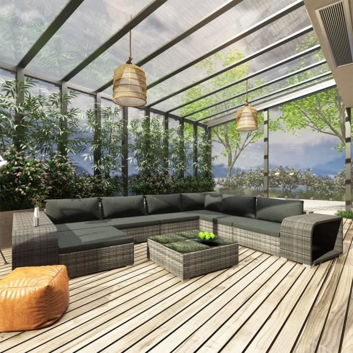 BEL Salon de jardin 10 pcs avec coussins Résine tressée Gris  Achat