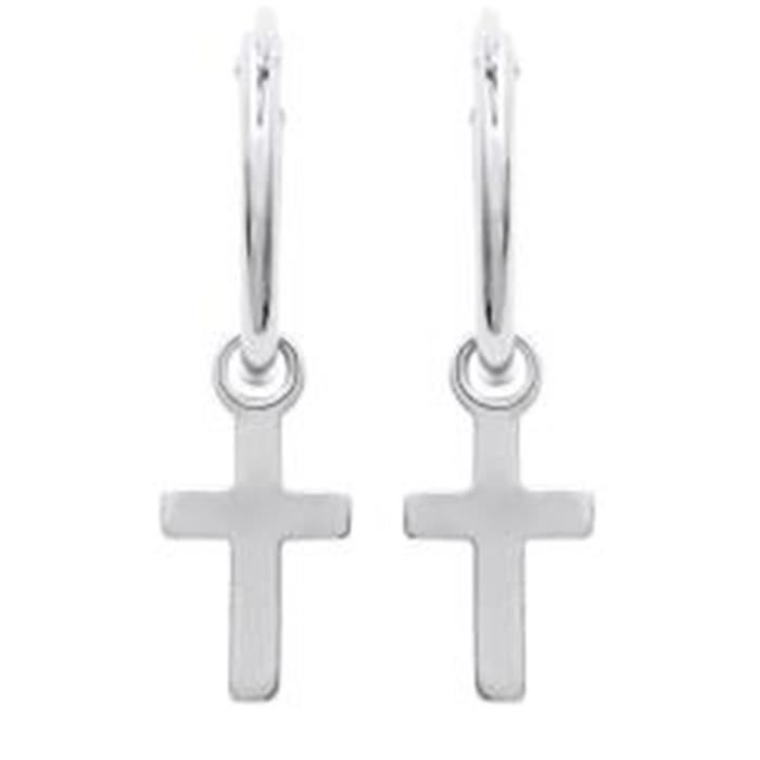 Boucles doreilles Créoles Croix en Argent 925 - Femme - Diamètre 12mm - Hauteur 11mm - Largeur 6mm