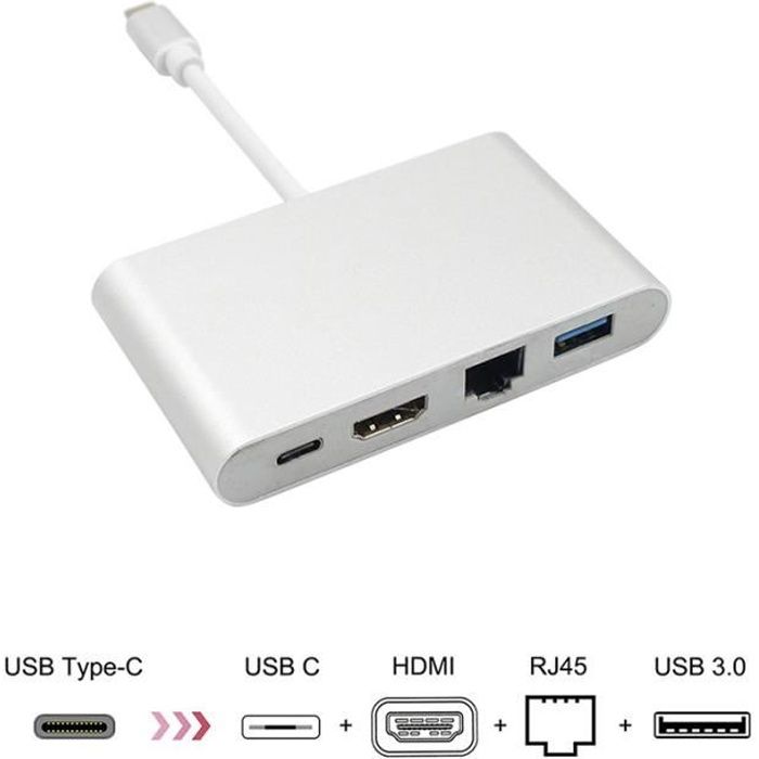 USB C vers HDMI 4K + Gigabit Ethernet (port RJ45) + USB 3.0 USB 3.1 Adaptateur de type C