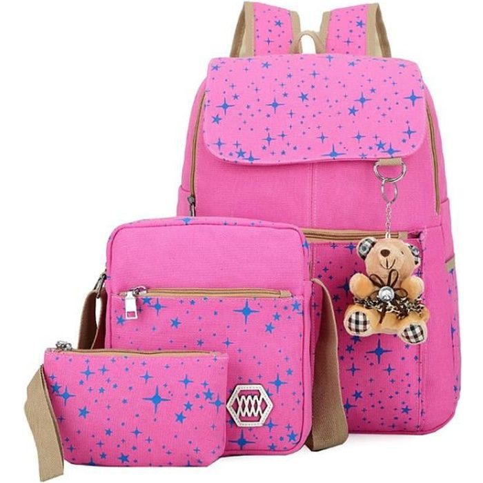 3pcs Set de Cartable Fille Sac a Dos Etoile Ours Sac Ecole College Lycee Sac de Voyage Toile