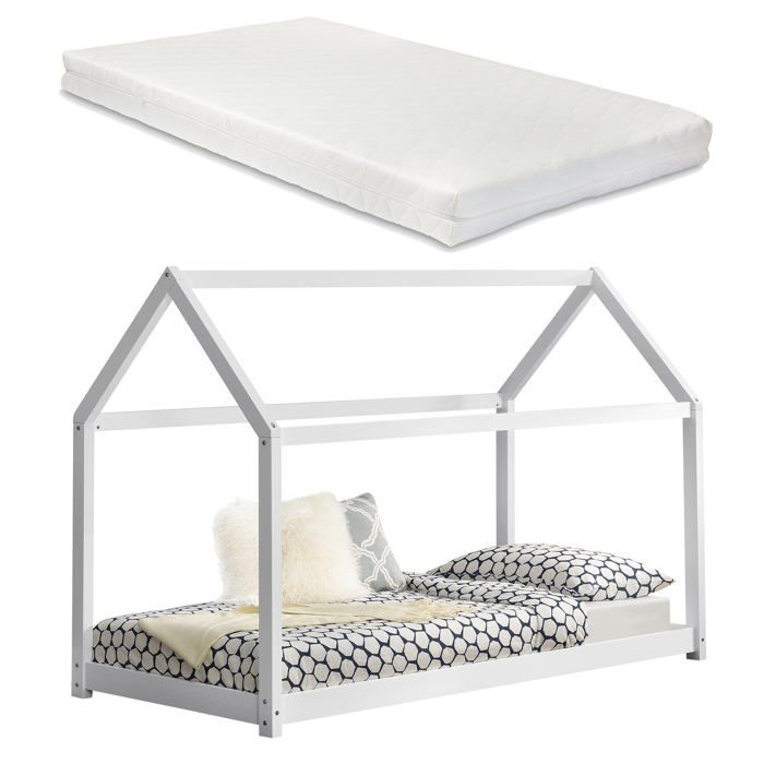 Lit d enfant cabane maison avec matelas et sommier a lattes en pin blanc 90 x 200 cm 03_0002641 Lit d enfant cabane maison avec matelas et sommier a lattes en pin blanc 90 x 200 cm 03_0002641