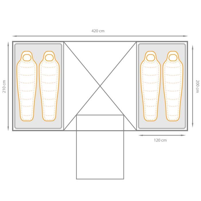 gris Tente 2 pièces//4 personnes avec auvent H 170 x L 420 x l 210 cm