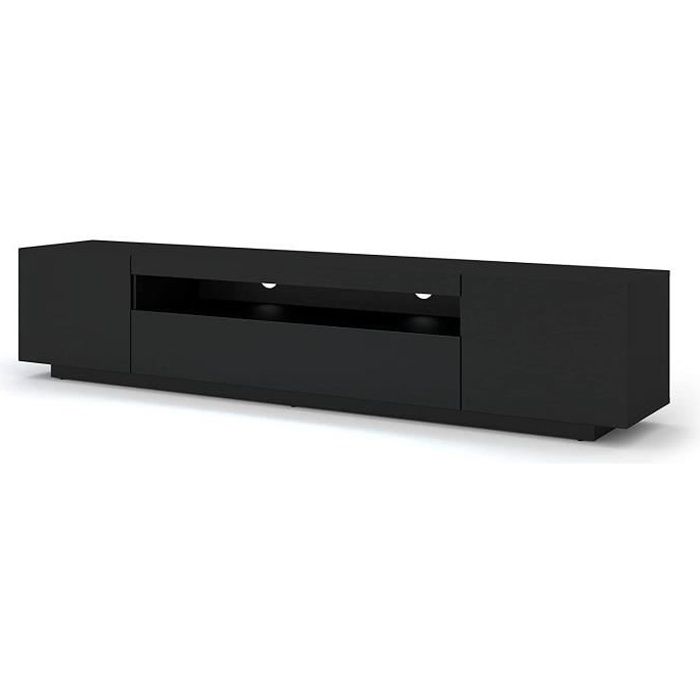 Meuble TV bas universel AURA 200 cm à suspendre ou à poser sous meuble TV - Buffet hi-fi - Noir mat sans LED