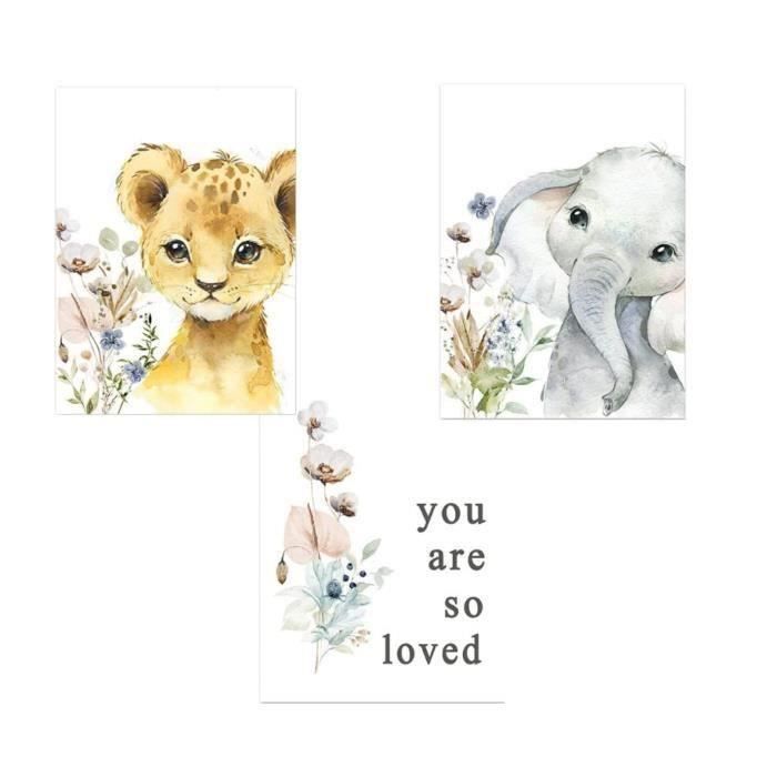 Youihom 3 Affiche Chambre Bebe Garcon Fille 30x40 Poster Animaux De La Jungle Toile Safari Girafe Éléphant Lion Tableau Coloré Decoration Murale Enfant A3 Sans Cadres