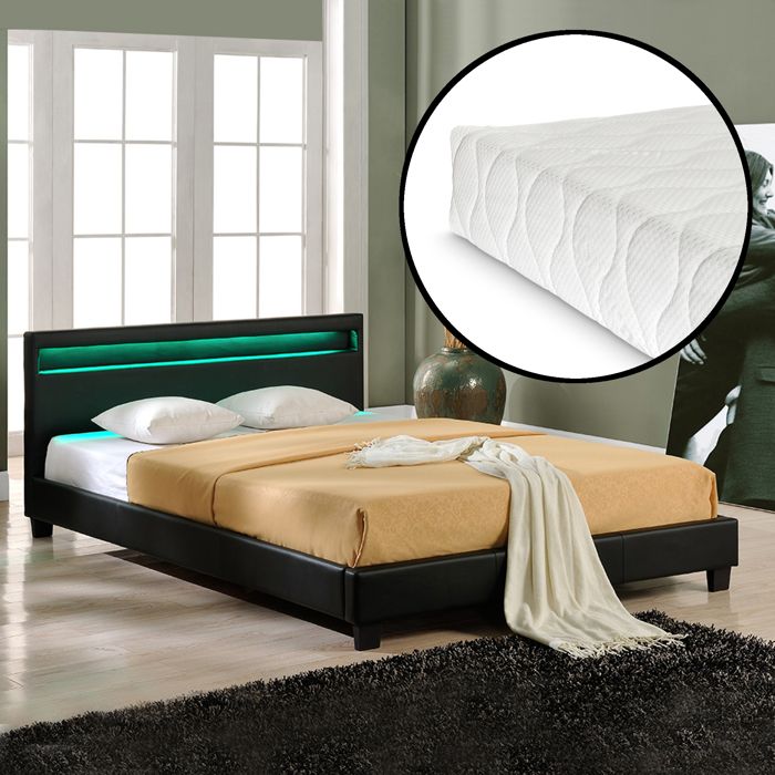 Lit capitonné à LED Corium (Paris) avec matelas (180x200cm)(noir)(mousse froide) - avec cuir synthétique - housse en cuir
