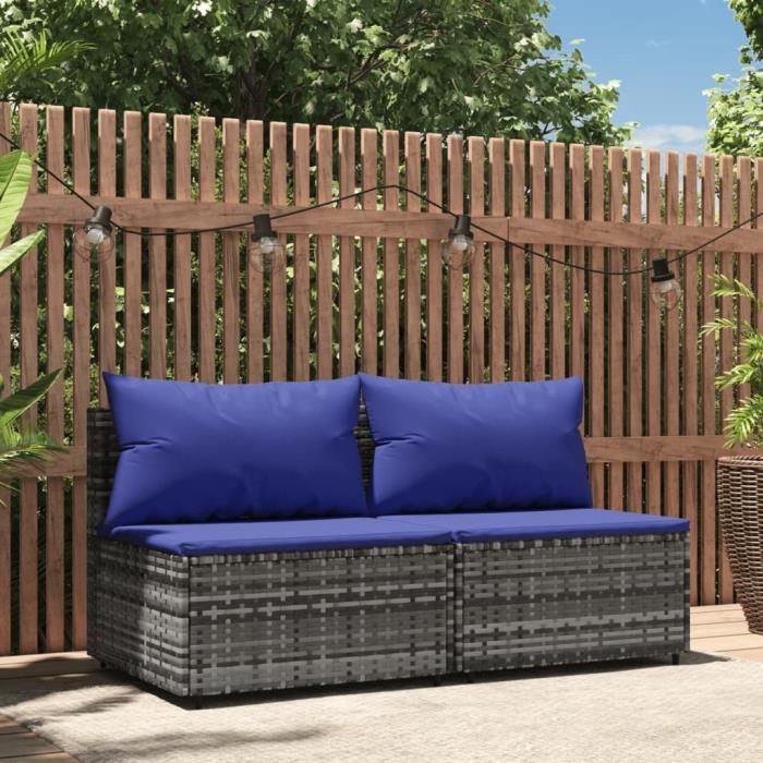 canapé de jardin famirosa en résine tressée gris avec coussins bleu foncé - 2 pièces