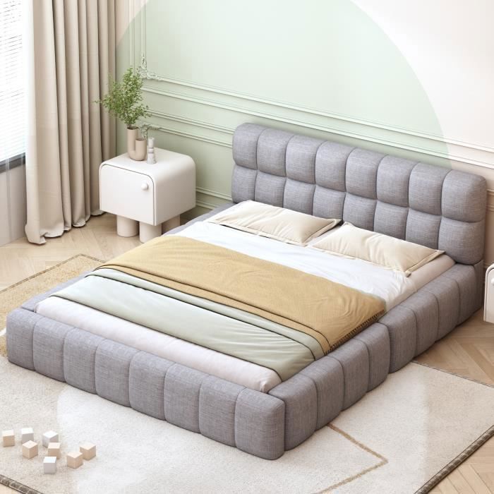 Lit capitonné - LEYTN - 140x200cm - Gris - Design contemporain - Sommier à lattes inclus