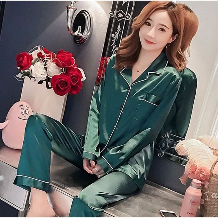 Ensemble de pyjama en satin de soie pour femme Pyjama long pour femme ...
