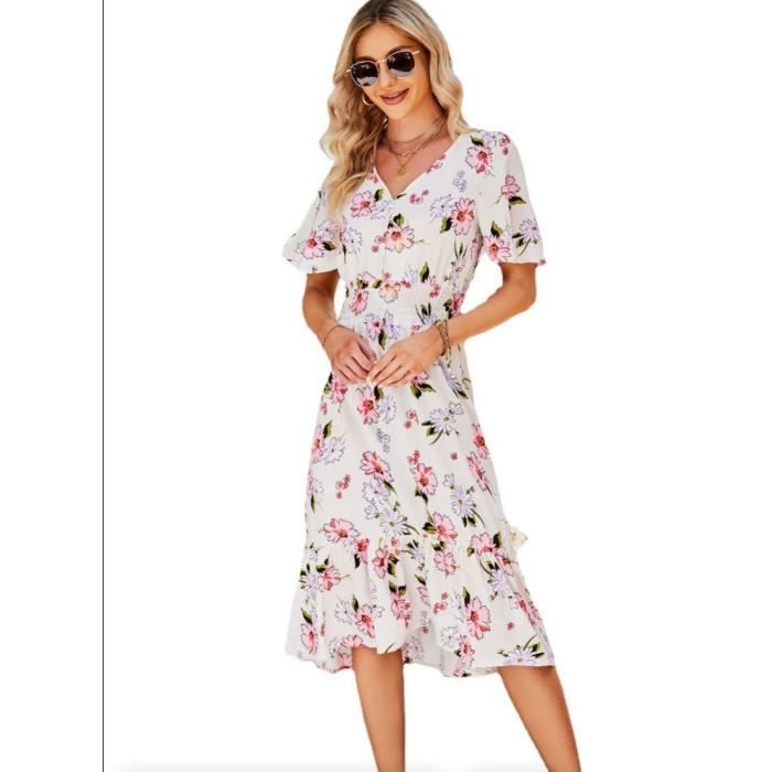 Robe Fleurie Moulante Robe mi-longue à col bateau et manches courtes