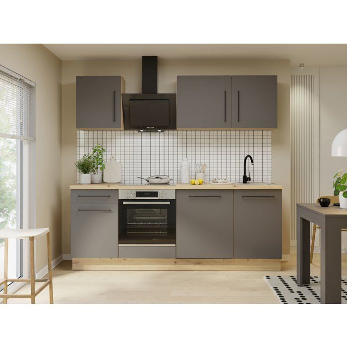 NOVACOOL - Bloc cuisine complète - Chêne / Gris foncé - 220 x 60 x 204 cm - Plan de travail inclus