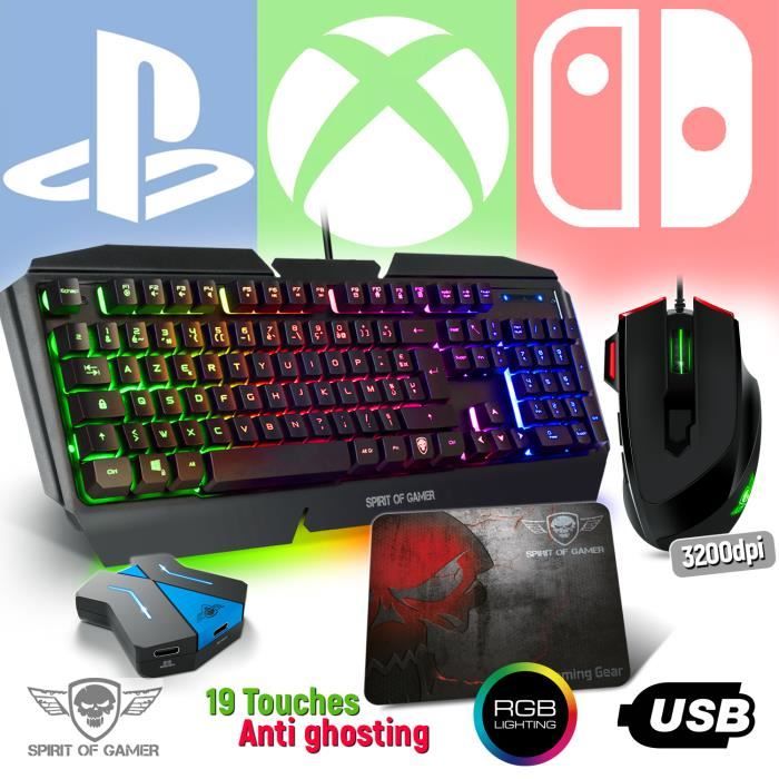 Pack clavier pro-k5, souris rgb et tapis pour console ps4, xbox one, switch  - convertisseur inclus - Ensemble clavier/souris - Achat & prix