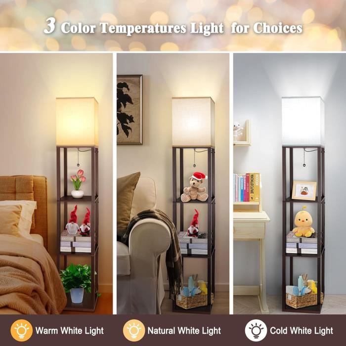 Lampadaire Sur Pied Avec étagère - 3 Températures De Couleur (3000K/4500K/6500K), Hauteur 158 Cm, Abat-jour Lin - Structure Acier Et étagères Bois - Pour Salon, Chambre, Bureau - Noir - 11