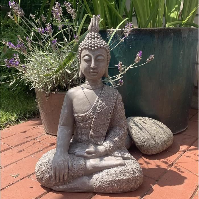 Statue De Bouddha Assis En Pierre Artificielle 45 Cm - Décoration Feng Shui Apaisante Pour Jardin, Salon Et Balcon (Argent/Noir/Gris)
