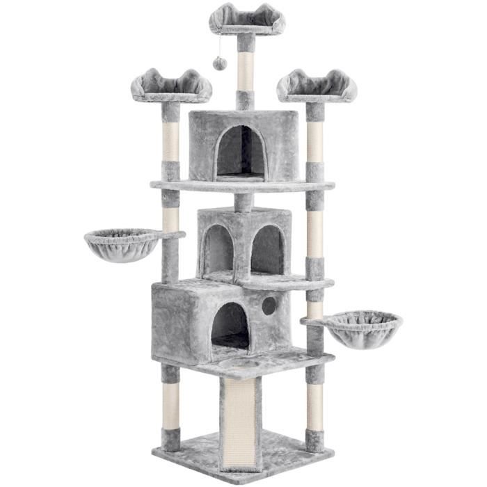 Arbre à Chat Géant Multiniveau - YAHEETECH - Gris Clair - 3 Perchoirs - 2 Paniers - 3 Niches