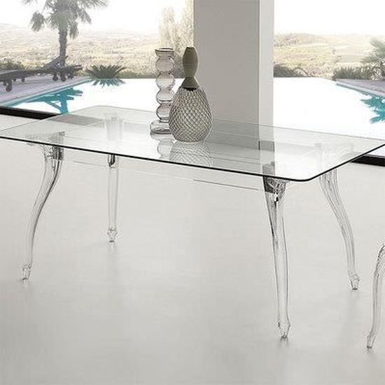 Tables design au meilleur prix, Table repas extensible NEW YORK plateau verre trempé piétement acier brossé 160 x 90 cm