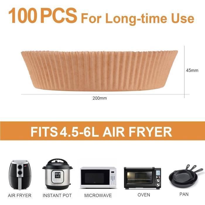 Papier Cuisson Air Fryer 100 Feuilles - 20-24 Cm - Sans BPA, Résistant à L'Huile - Pour Friteuse, Four, Micro-ondes