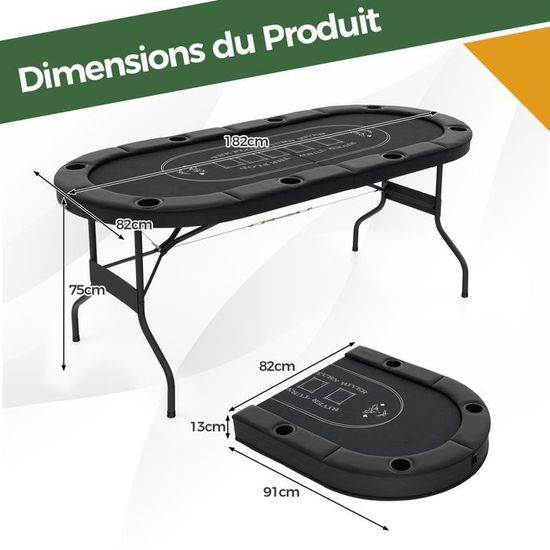 Table De Poker Pliable 8 Joueurs - 182x82 Cm - Surface Feutre Casino, Porte-gobelets Métal, Accoudoirs Rembourrés - Bleu