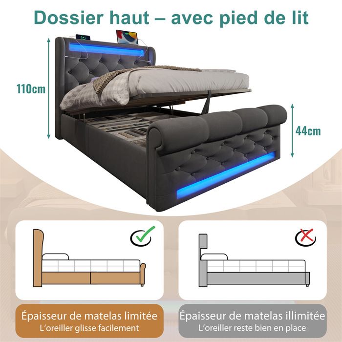 Lit Coffre 90x200cm - REDOM - Avec Prise USB - Sommier à Lattes - Lin Lit Coffre 90x200cm - REDOM - Avec Prise USB - Sommier à Lattes - Lin
