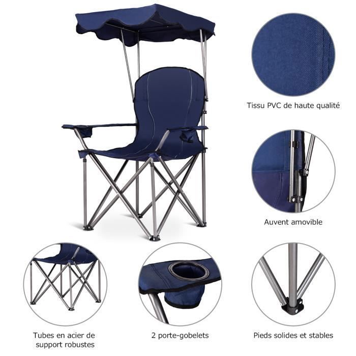 Chaise De Camping Pliante Rembourrée Auvent - Capacité 120 Kg, PVC Et Toile
