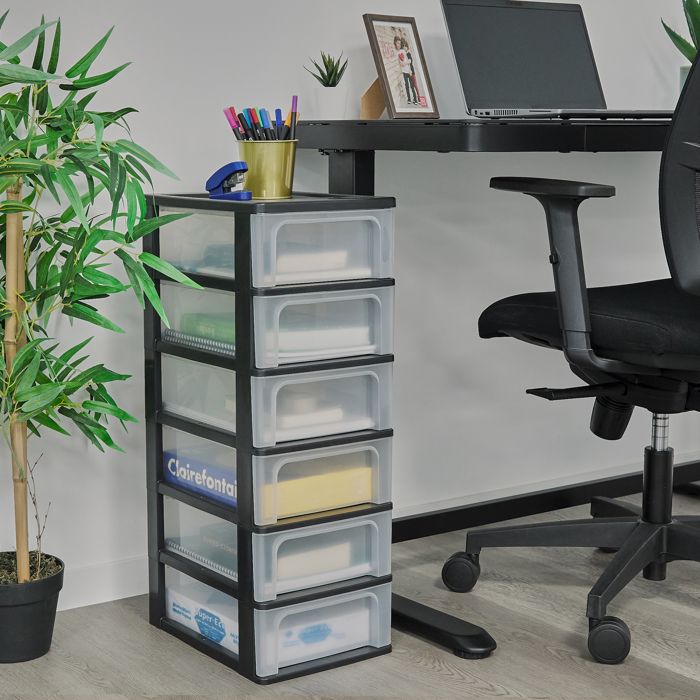 Lot De 4 Organiseurs De Bureau IRIS à 3 Tiroirs Transparents - Empilables - Rangement Polyvalent Pour Fournitures, Maquillage, Outils - Noir