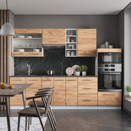 Cuisine Vicco Fame-Line 280 Cm - Chêne Vert Et Or, Kit Modulaire Sans Plan De Travail, Charnières Soft Close