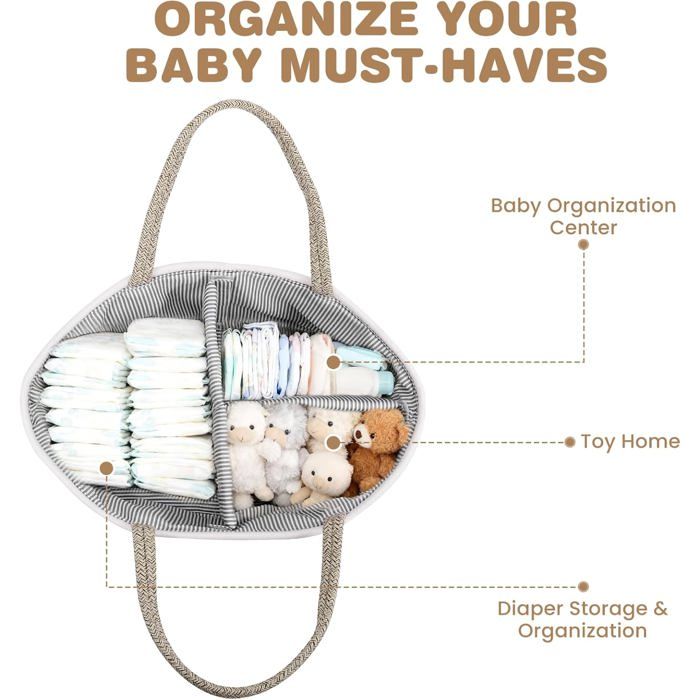 Organisateur De Sac à Langer Bébé En Corde De Coton - Panier à Couches Avec Compartiments Et Poignées