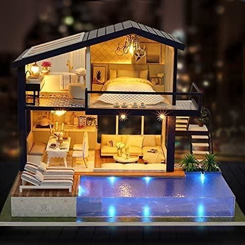 Cuteroom – Kit Maison De Poupée Miniature En Bois à Monter, Avec Piscine, Lumières LED Et Boîte à Musique (colle Et Piles Non Incluses)