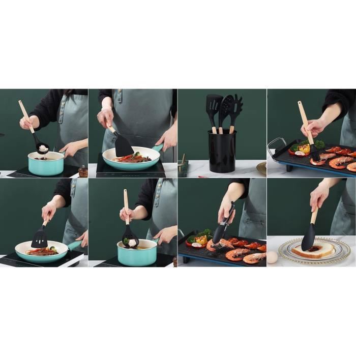 Ustensiles de cuisine noir et bois