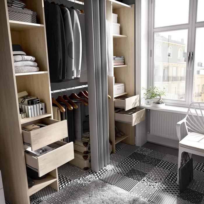 Kit dressing extensible avec rideau et 4 tiroirs Décor chêne naturel L 180113 x P 50 x H