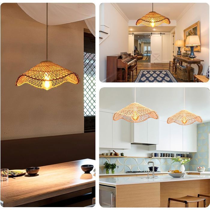 3 Suspensions Lustres Bambou TOKIUS - Luminaire Vintage Industriel Abat-jour Tressé