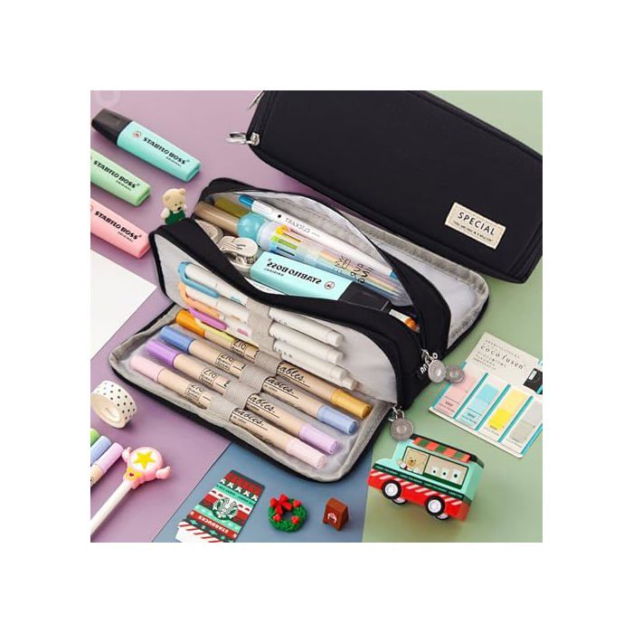 Trousse Scolaire Cexovo Grande Capacité - 3 Compartiments Pour Fournitures - Noir