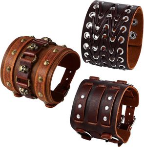 BOUTON DE MANCHETTE 3pcs Bracelet Viking Homme Bracelet Manchette en Cuir Large–Bracelet Réglable Croix Punk Rock-Bracelet Homme/Garçon Cuir Noi[m86