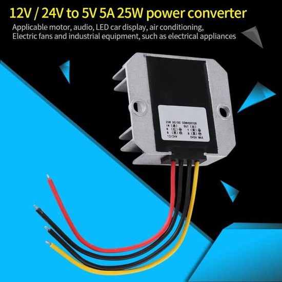 Convertisseur DC-DC 12V/24V Vers 5V 5A 25W - Adaptateur Voiture Étanche Époxy, Idéal GPS, Caméra, LED, Ventilateur Auto