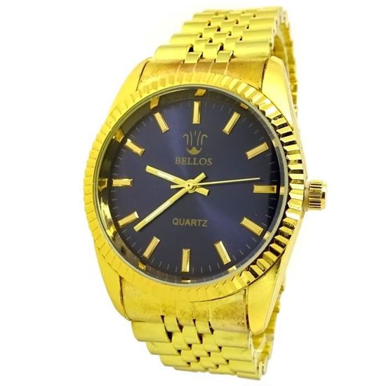 MONTRE HOMME BIJOUX OR BLEU LUXE JAUNE FINE ACIER MODE CLASSIQUE