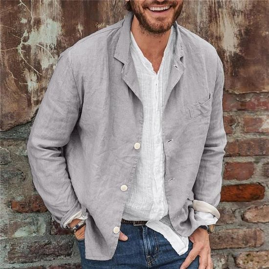 Chemise Veste Blazer en coton et lin pour hommes Grey Manches longues Blanc Cdiscount Pret a Porter