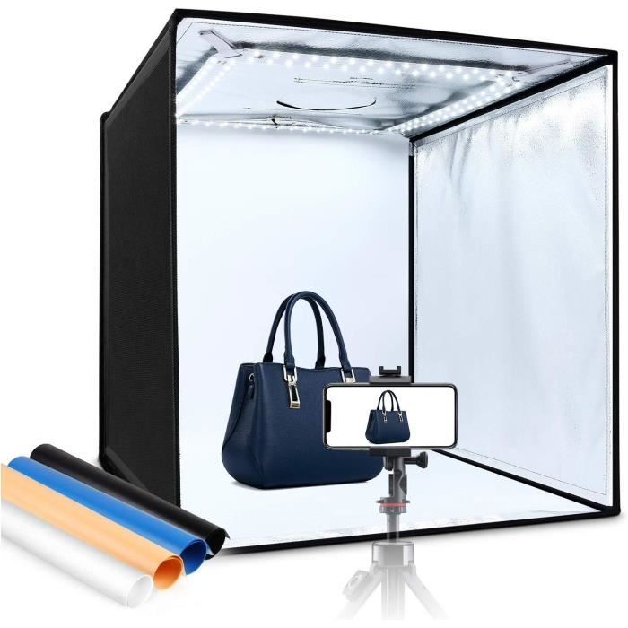AMZDEAL Photo Studio - Boîte à Lumière 60 * 60 * 60 cm Portable - LED Lumière - 5000LM 6000K - 4 Fonds (Bleu, Blanc, Noir, Orange)
