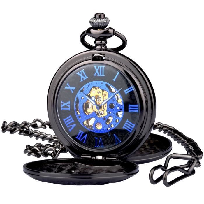 Zeiger Montre Poche Gousset Homme Rétro Steampunk Mécanique Noir Alliage Chiffres Bleu Pendentif Ouvert Deux Côtés