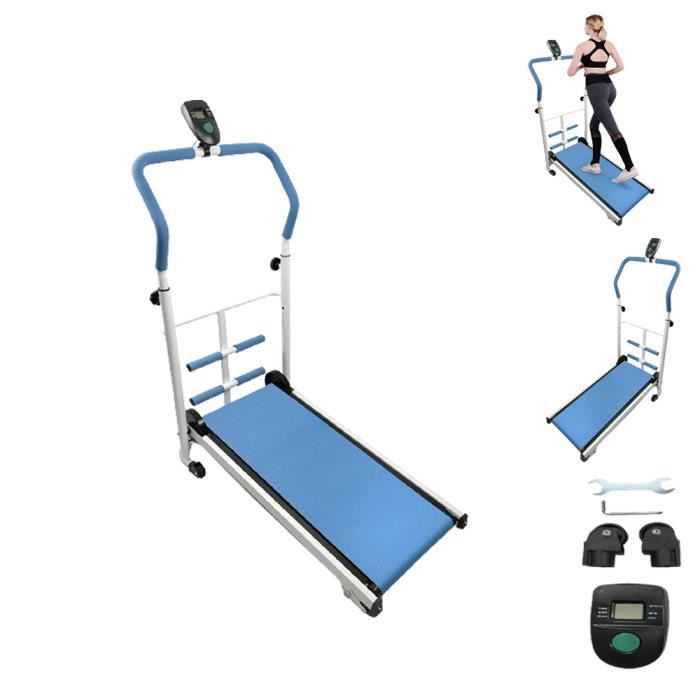 BUL Tapis de course Fitness avec l'écran LCD Tapis roulant mécanique avec barre de sit-up - Bleu