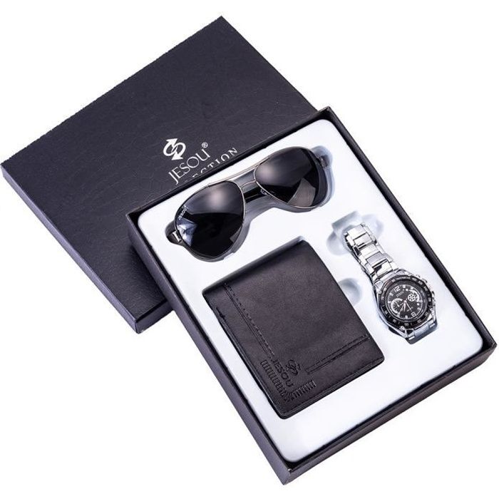Coffret Ensemble Cadeau Homme Montre - Porte-Monnaie - Lunettes De Soleil - Noël boîte Cadeaux Set pour Hommes pères Fete - Noir