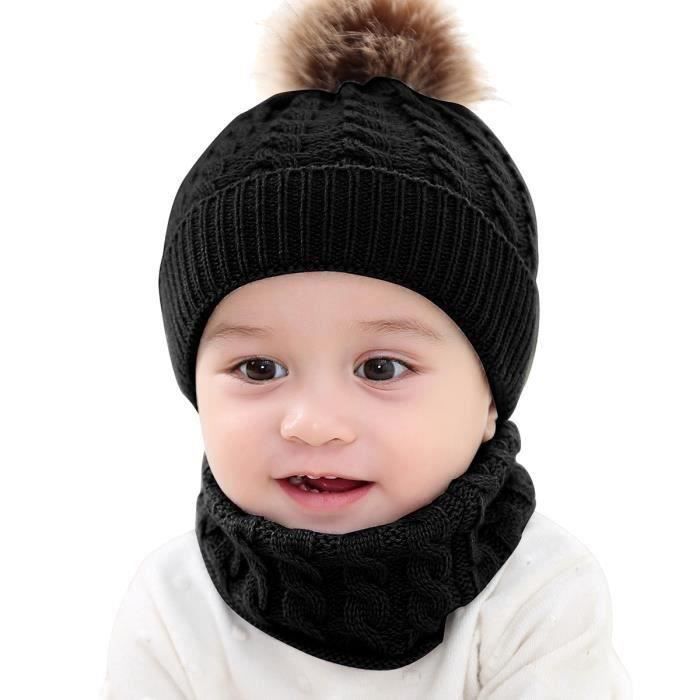 Bonnet Bébé Enfant Chapeau Capuche Laine Tricot Tour de cou Chaud Hiver noir, Écharpe en laine chapeau + bonnet laine à tricoter