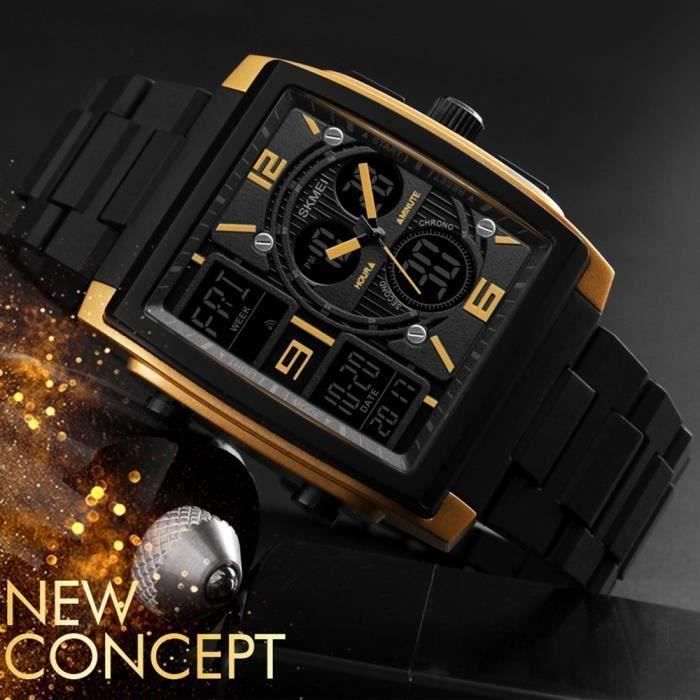 Montre carre luxe homme or quartz étanche , Numérique et Analogique Double affichage , cadeau de Noël MKK24