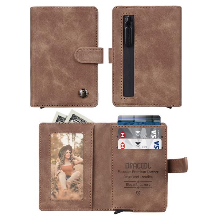 {Young Rich} Portefeuille intelligent homme Cuir, Bourse femme fermeture éclair, boîte de support multi-cartes Pop Up en métal Brown