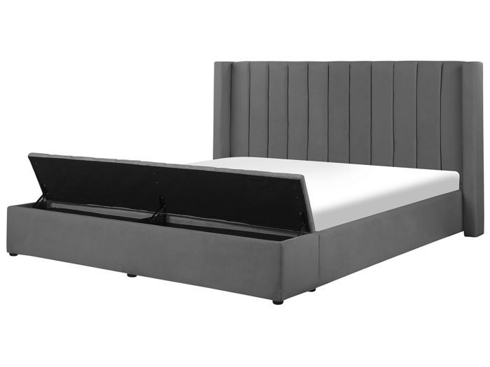 Lit double en velours gris avec banc coffre 180 x 200 cm NOYERS