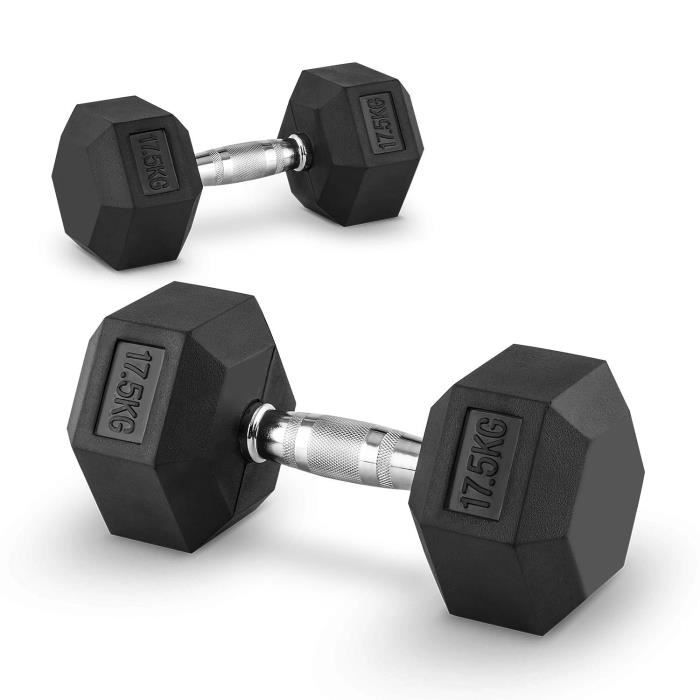 CAPITAL SPORTS Hexbell - Paire d'haltères courts pour musculation, cross-training… (caoutchouc résistant, prise chromée) - 2x 17,5kg