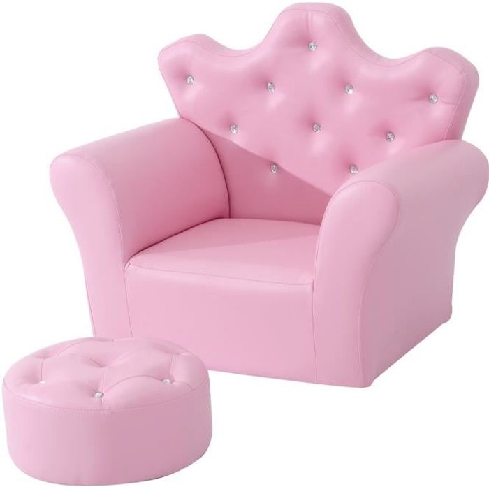 Ensemble fauteuil et pouf enfant design couronne de princesse - dossier et assise pouf avec boutons strass aspect cristaux - rose