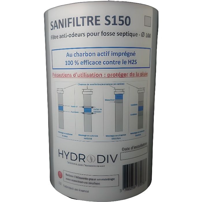 SANIFILTRE S150, filtre anti-odeurs au charbon actif pour fosse septique, diam 100 mm, coloris gris