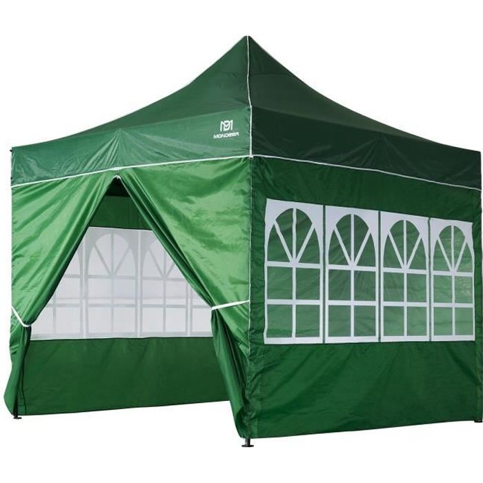 Tonnelle de Jardin 3mx3m Tente de Reception Pliante avec 4 Parois Latérales et Fenêtres pour Fête, Festival, Vert- Mondeer