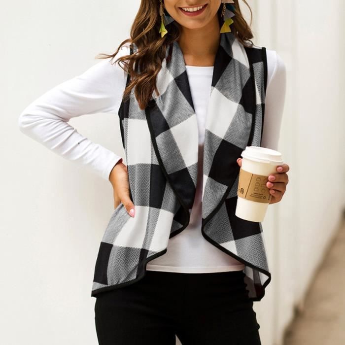 Cardigan gilet sans manches à carreaux avec poches à carreaux